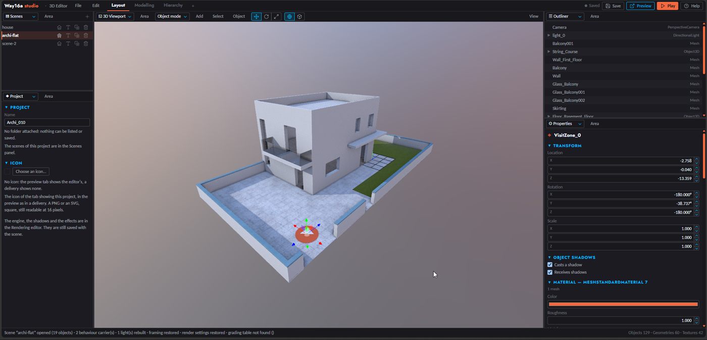 Interface de l'éditeur 3D Way16a : scènes, hiérarchie, propriétés et vue 3D d'une maison