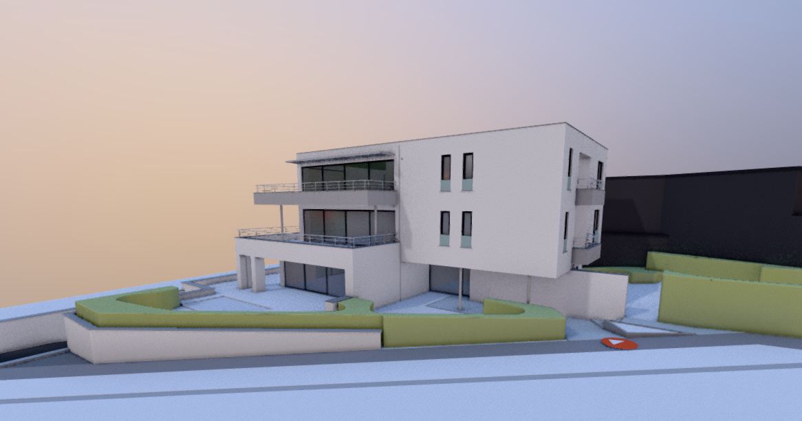 Vue extérieure de l'immeuble Kremer, terrasses et jardins, au coucher du soleil