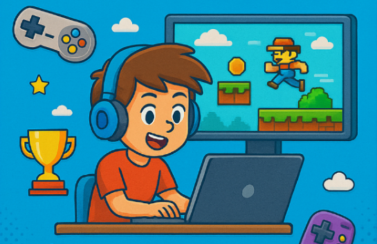 Illustration : un enfant au casque devant son ordinateur, un jeu de plateforme à l'écran